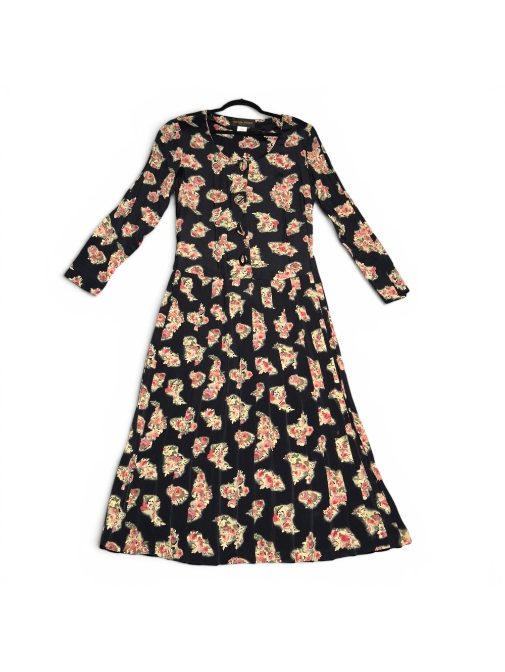 Vintage Donna Ricco Black Floral Long Sleeve Rayon Midi Dress Size 12